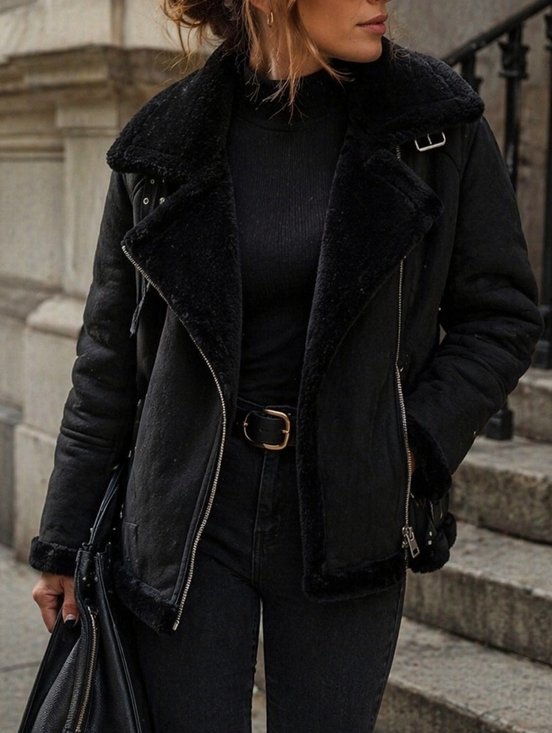 Topshop Jackets & Blazers - Topshop Black Faux Suede Shearling Moto Jacket Oversized Biker Zip Coat Cozy
